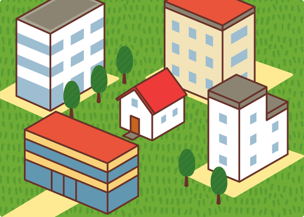 四方を高層の建物に囲まれている土地のイラスト